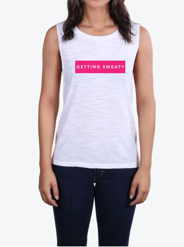 White slub tank top with "Getting Sweaty" over a pink background